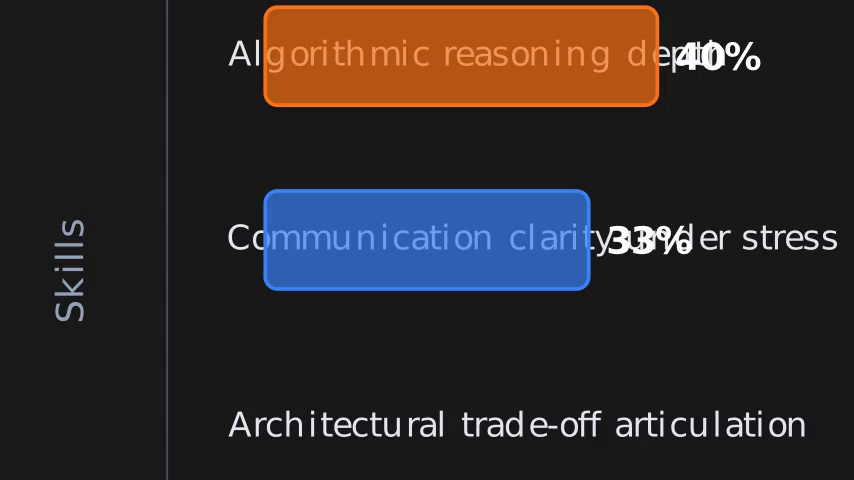 Bar chart showing Meta's 2026 interview signal weights: algorithmic reasoning depth 40%, communication clarity under stress 33%, architectural trade-off articulation 27%.